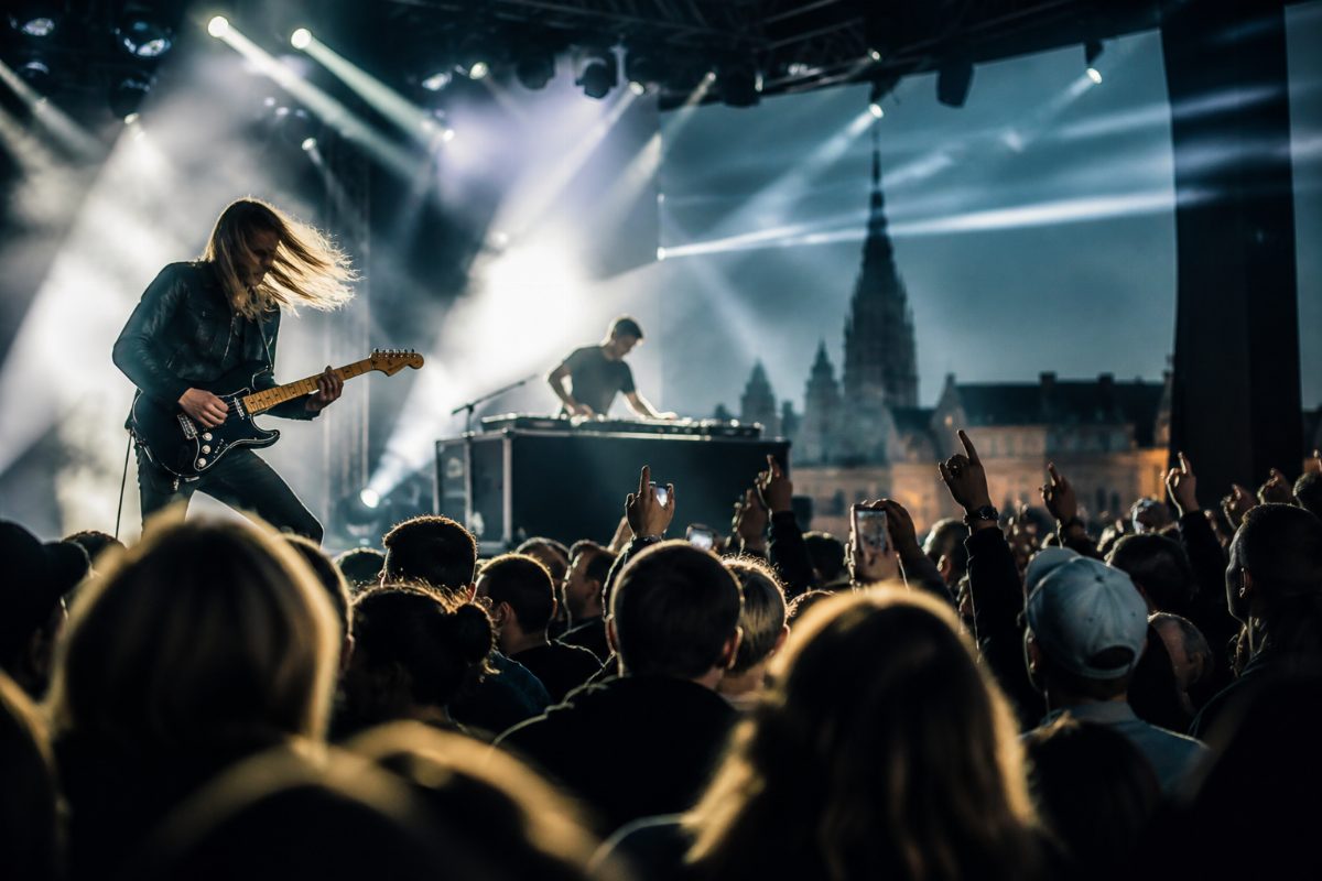Ett livligt musikevent i Stockholm med elgitarrister och elektroniska DJs